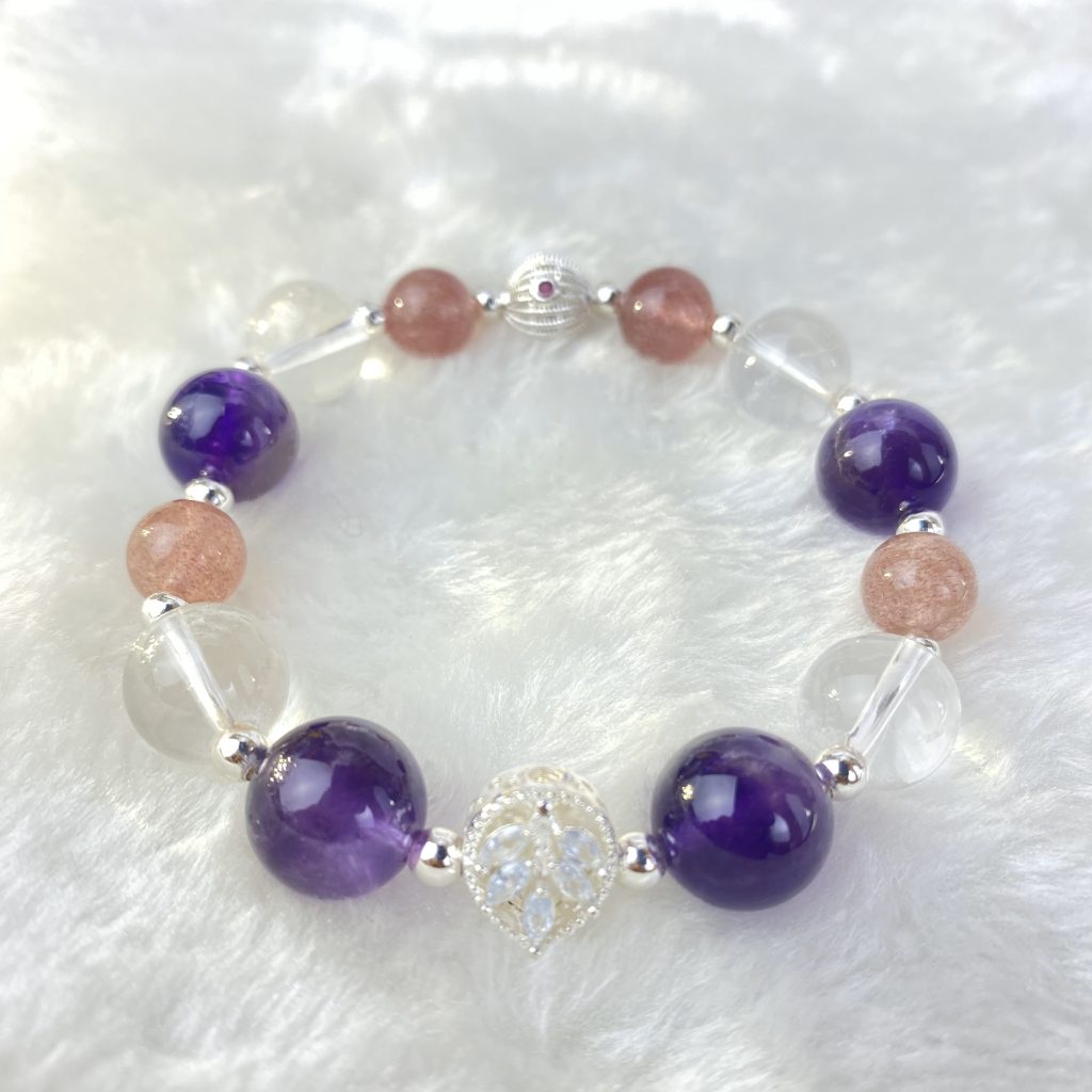 The Marriage of Princess Wencheng: Good Omens Grounded Bracelet by Amethyst Clear Quartz Strawberry Quartz