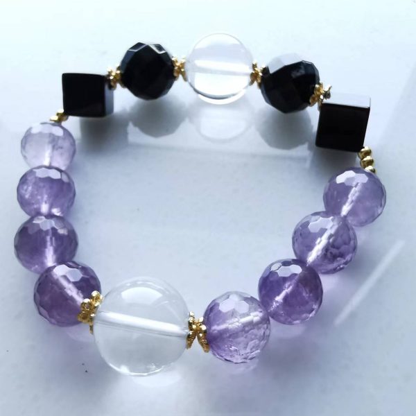 Moonlight Fox Fairy: Wisdom Inspiration Amethyst, Black Agate and Clear Quartz Unique Bracelet