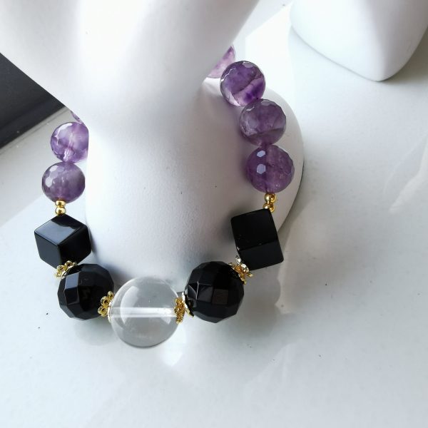 Moonlight Fox Fairy: Wisdom Inspiration Amethyst, Black Agate and Clear Quartz Unique Bracelet