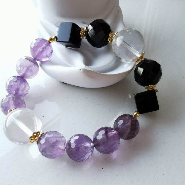 Moonlight Fox Fairy: Wisdom Inspiration Amethyst, Black Agate and Clear Quartz Unique Bracelet