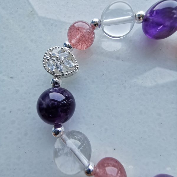 The Marriage of Princess Wencheng: Good Omens Grounded Bracelet by Amethyst Clear Quartz Strawberry Quartz