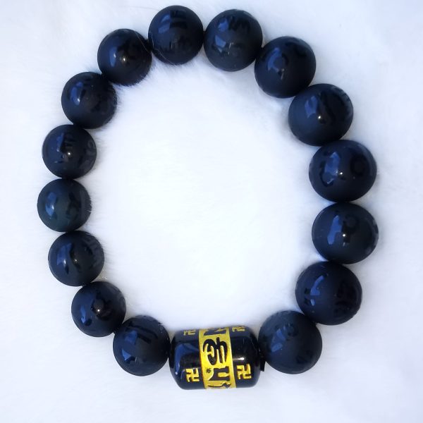 Six-word motto cylindrical obsidian men bracelet-12mm